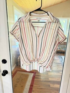 Christopher & Banks Multi-Color Striped Short-Sleeve Tie-Front Button Shirt